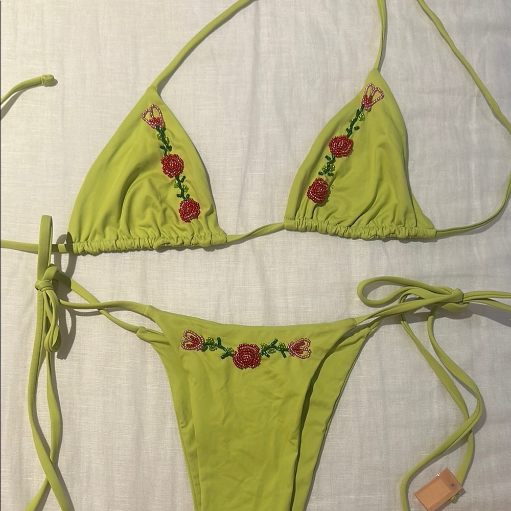Frankie’s bikinis medium set Lime Green Embroidered Triangle Bikini Set